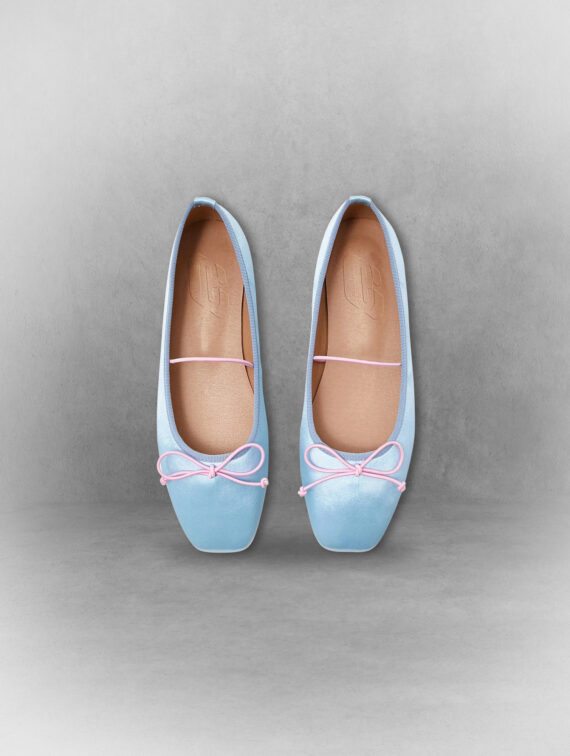Blue Satin Square Toe Bow Ballet Flats
