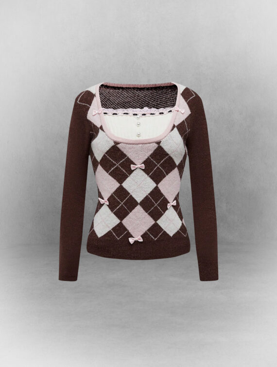 Brown Geometric Slim Fit Knit Sweater