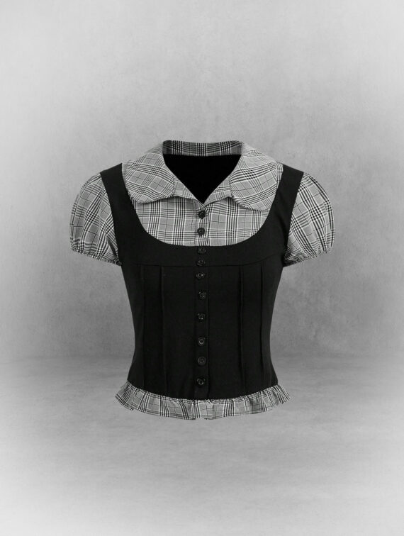 Puff Sleeve Plaid Crop Top with Ruffle Hem